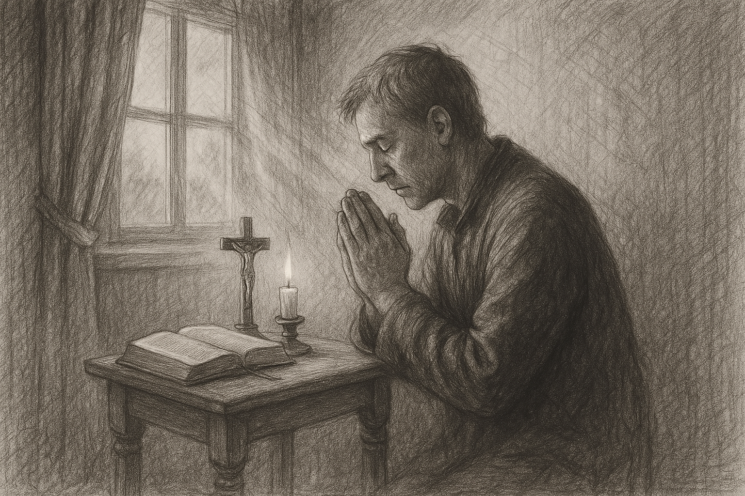 A Catholic praying at dawn beside a Bible, crucifix, and candle in soft morning light