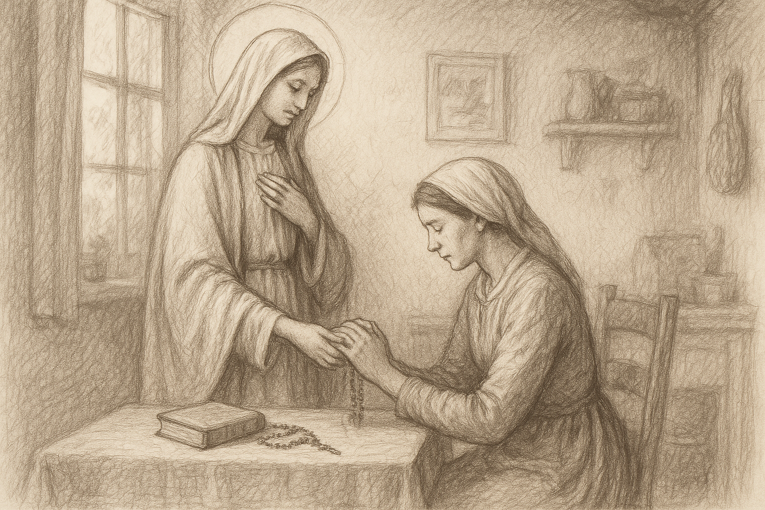 A reverent sketch of Mary and a Catholic mother in a quiet home prayer scene