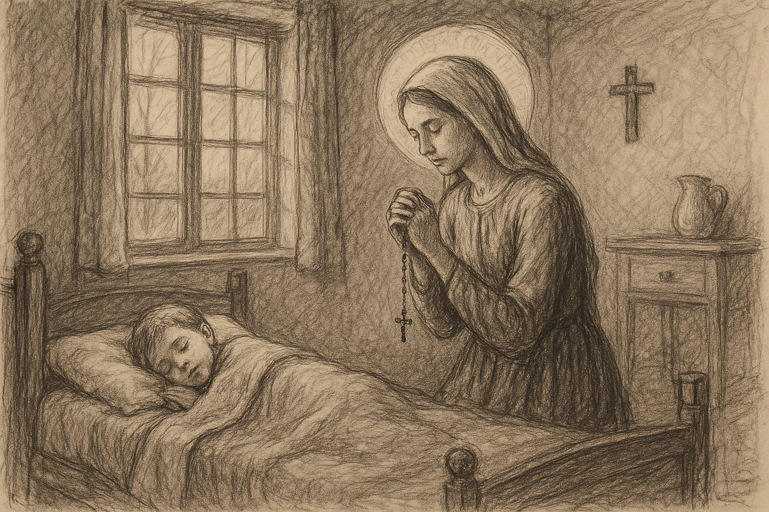 A Catholic mother praying quietly beside her child in a softly lit home