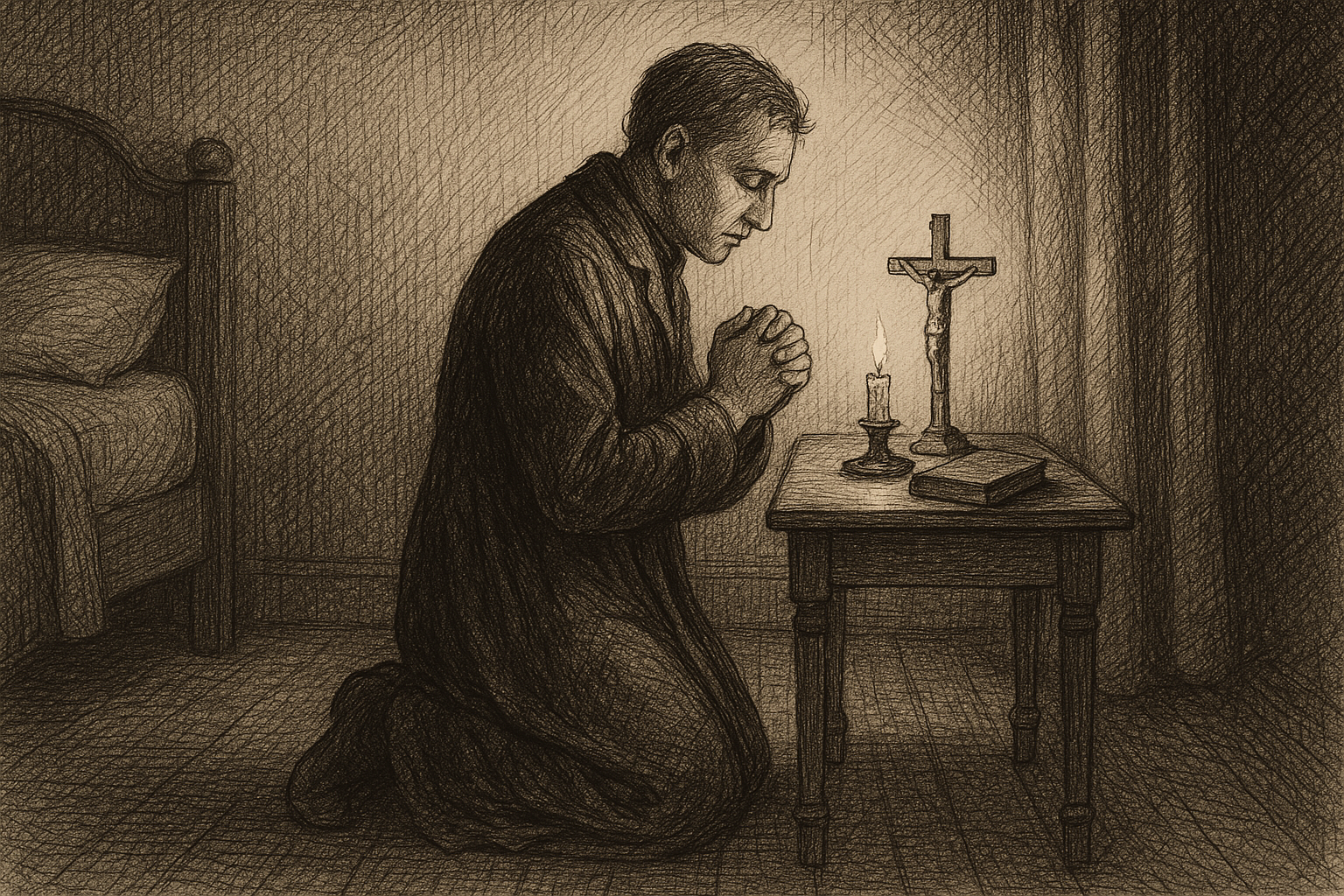 A Catholic kneeling in quiet night prayer beside a bedside crucifix and candle
