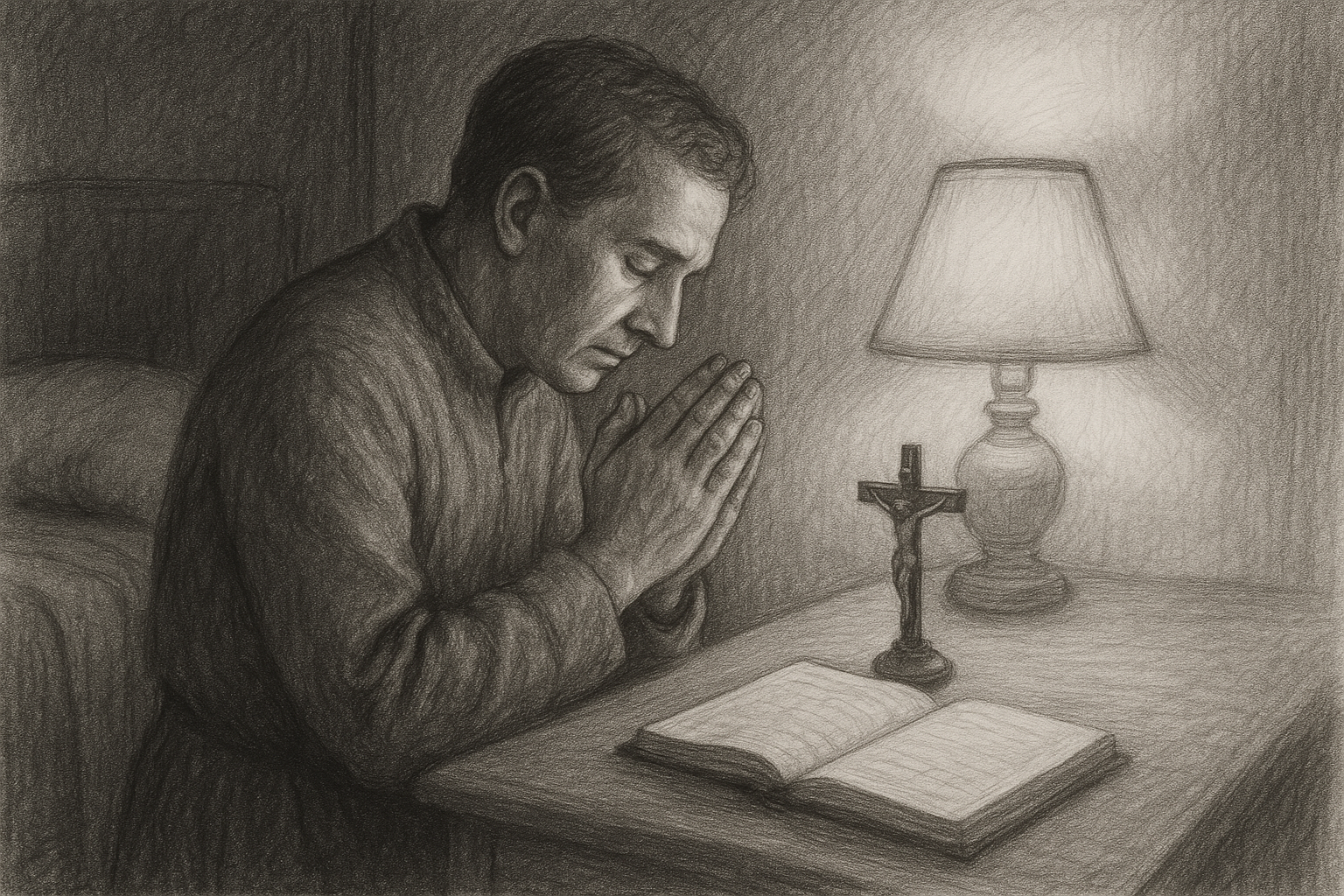 A Catholic kneeling in quiet evening prayer with a crucifix and journal beside the bed