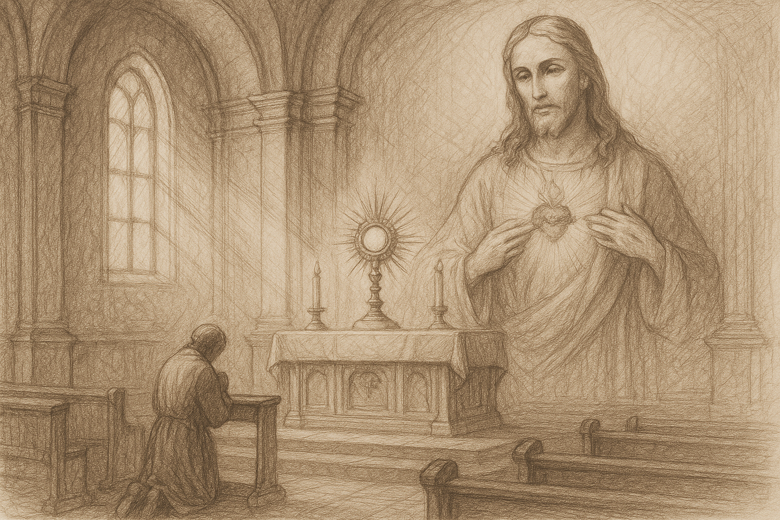 A reverent sketch of a Catholic kneeling before the Blessed Sacrament on First Friday, symbolizing devotion to the Sacred Heart