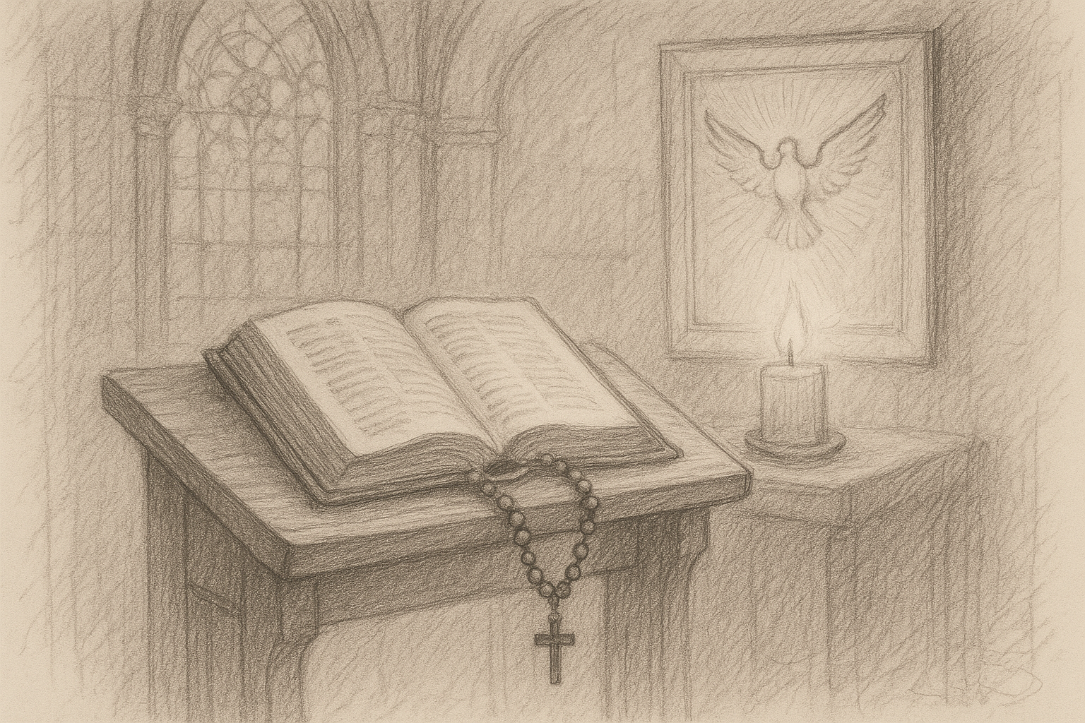 A reverent Catholic chapel scene with a prayer book, rosary, and candle for a novena