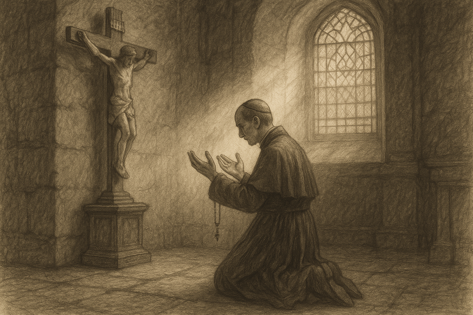 A kneeling Catholic in prayer before a crucifix, offering suffering to God in a reverent chapel