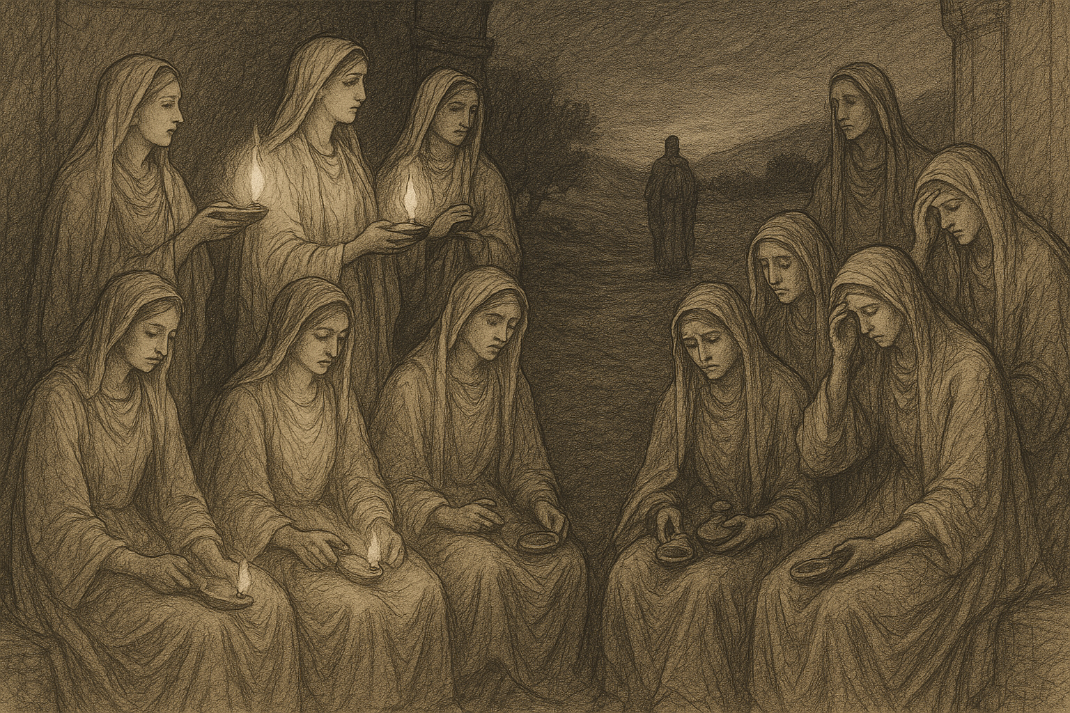 Sketch-style sacred illustration of the Wise and Foolish Virgins with lamps at night
