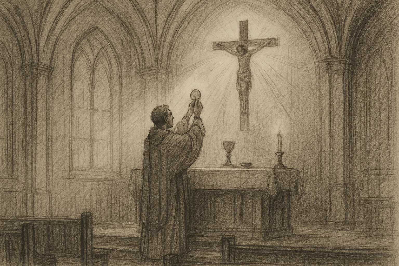 Reverent sketch of a church interior with Eucharistic worship and subtle trinitarian symbolism