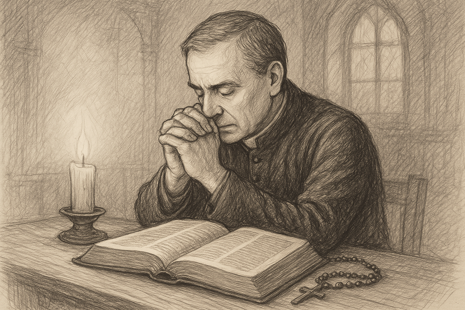 A Catholic praying quietly beside an open Bible with candlelight and a rosary