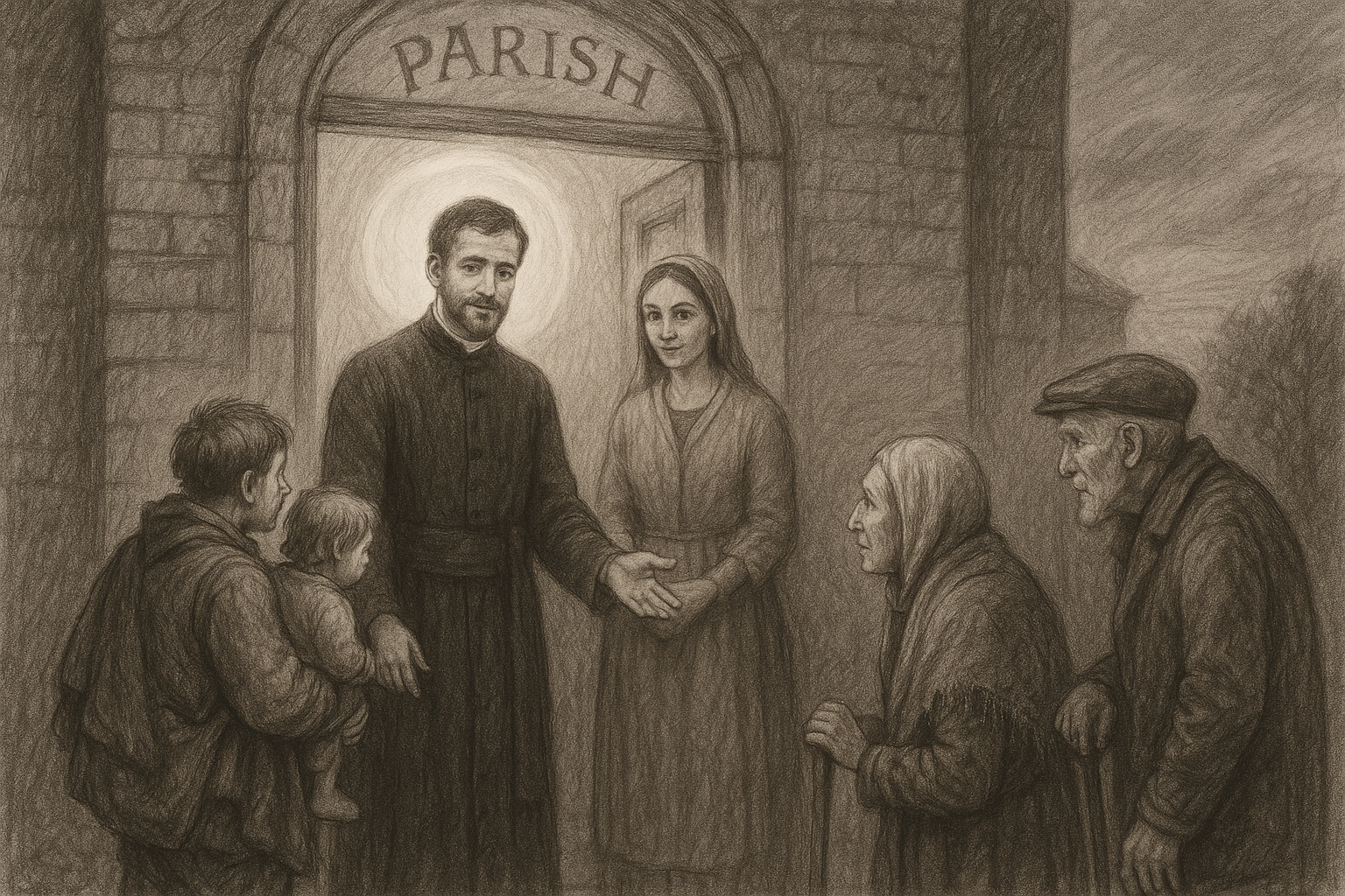 Reverent sketch of a Catholic parish welcoming vulnerable people at the church door