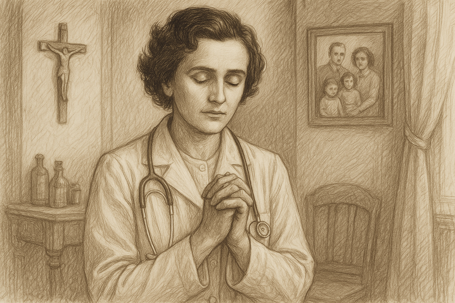 Sketch-style image of St. Gianna Molla as a Catholic physician and mother, shown in a reverent and prayerful pose