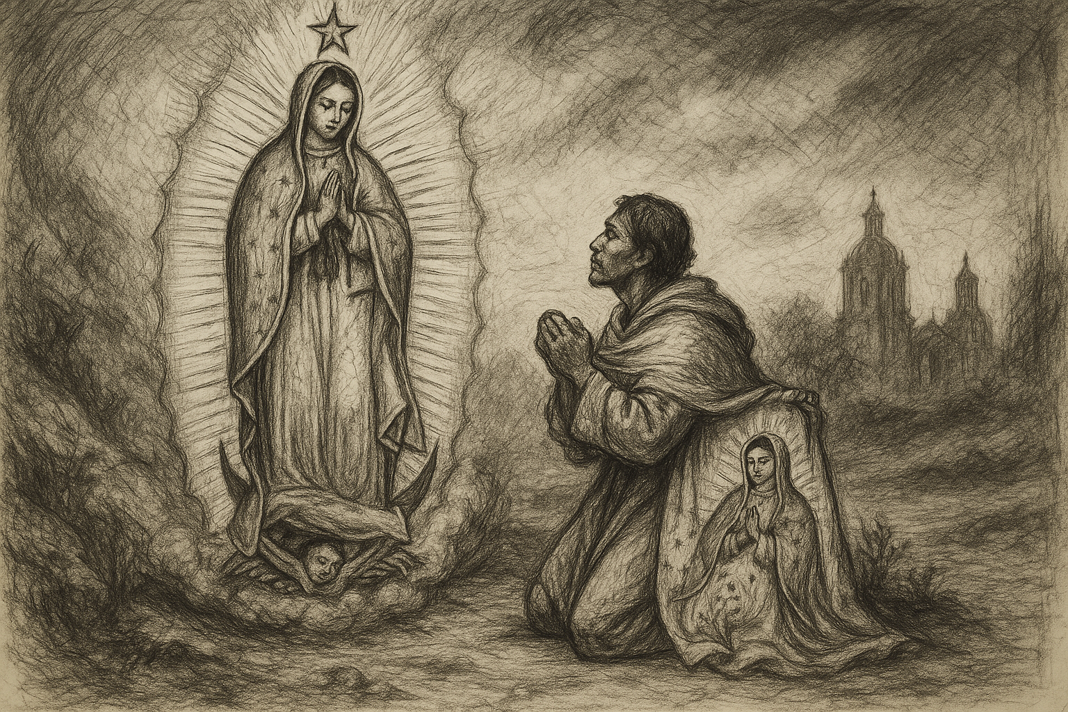 Reverent sketch-style depiction of Our Lady of Guadalupe appearing to Saint Juan Diego