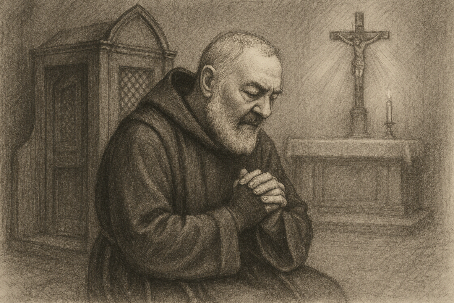 Sketch-style reverent illustration of St. Padre Pio praying beside a confessional and altar