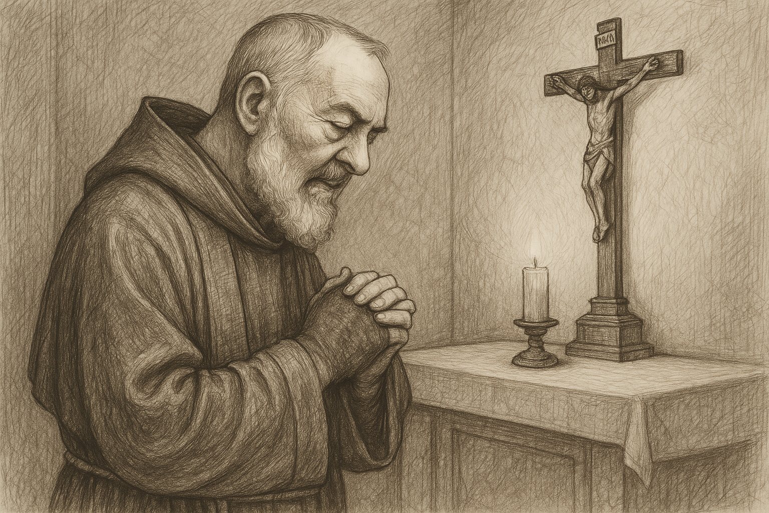 Sketch-style illustration of St. Padre Pio in prayer before a crucifix