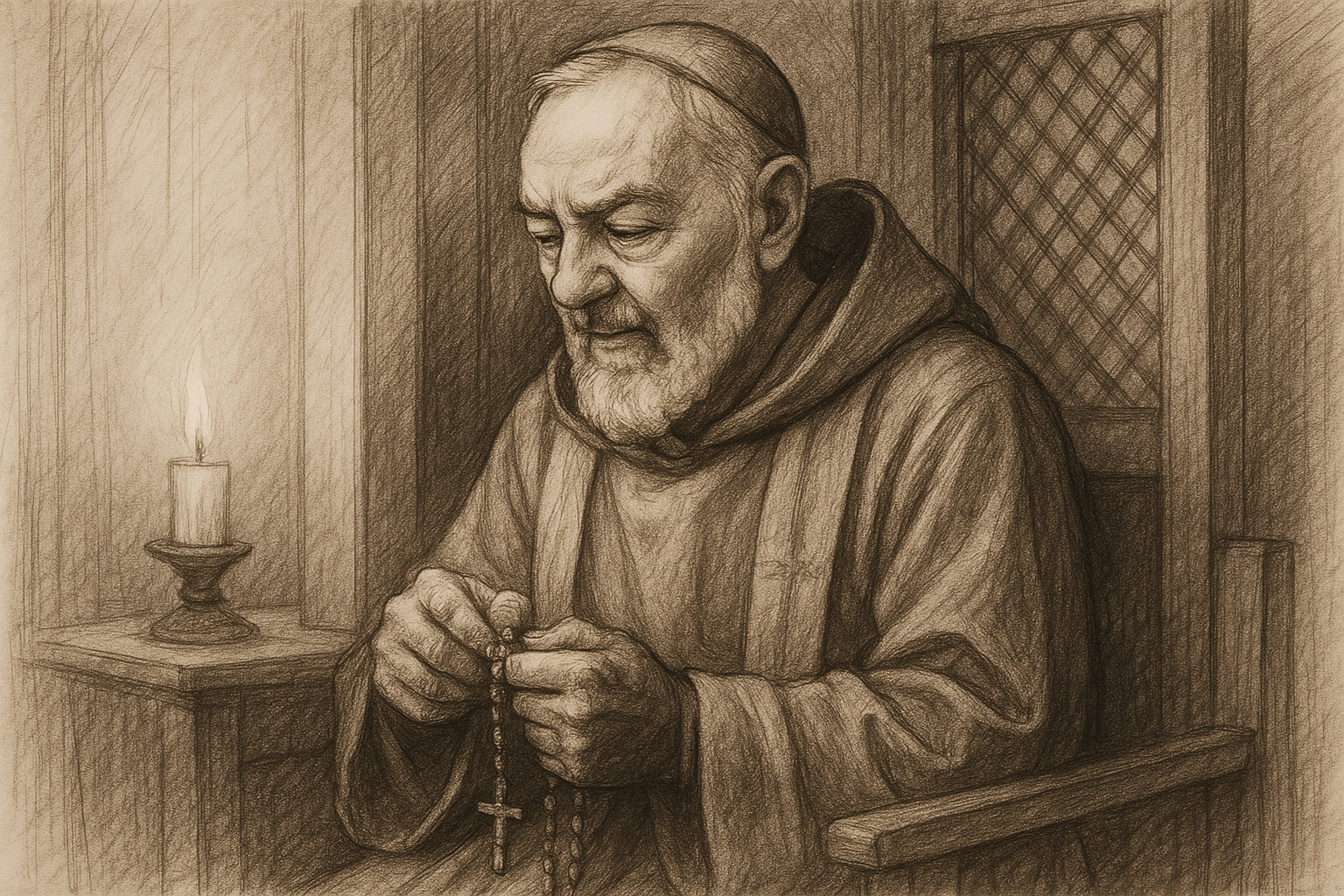 Sketch-style portrait of St. Padre Pio in prayer beside a confessional