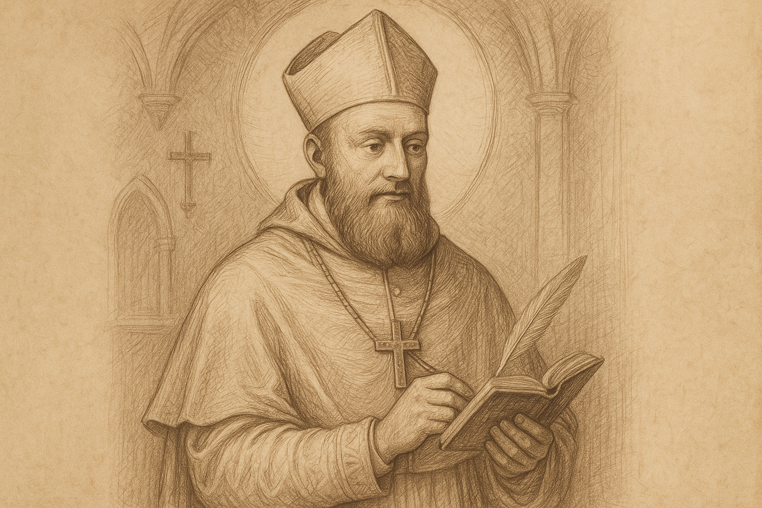 Sketch-style portrait of St. Francis de Sales holding a book and quill in a reverent Catholic setting