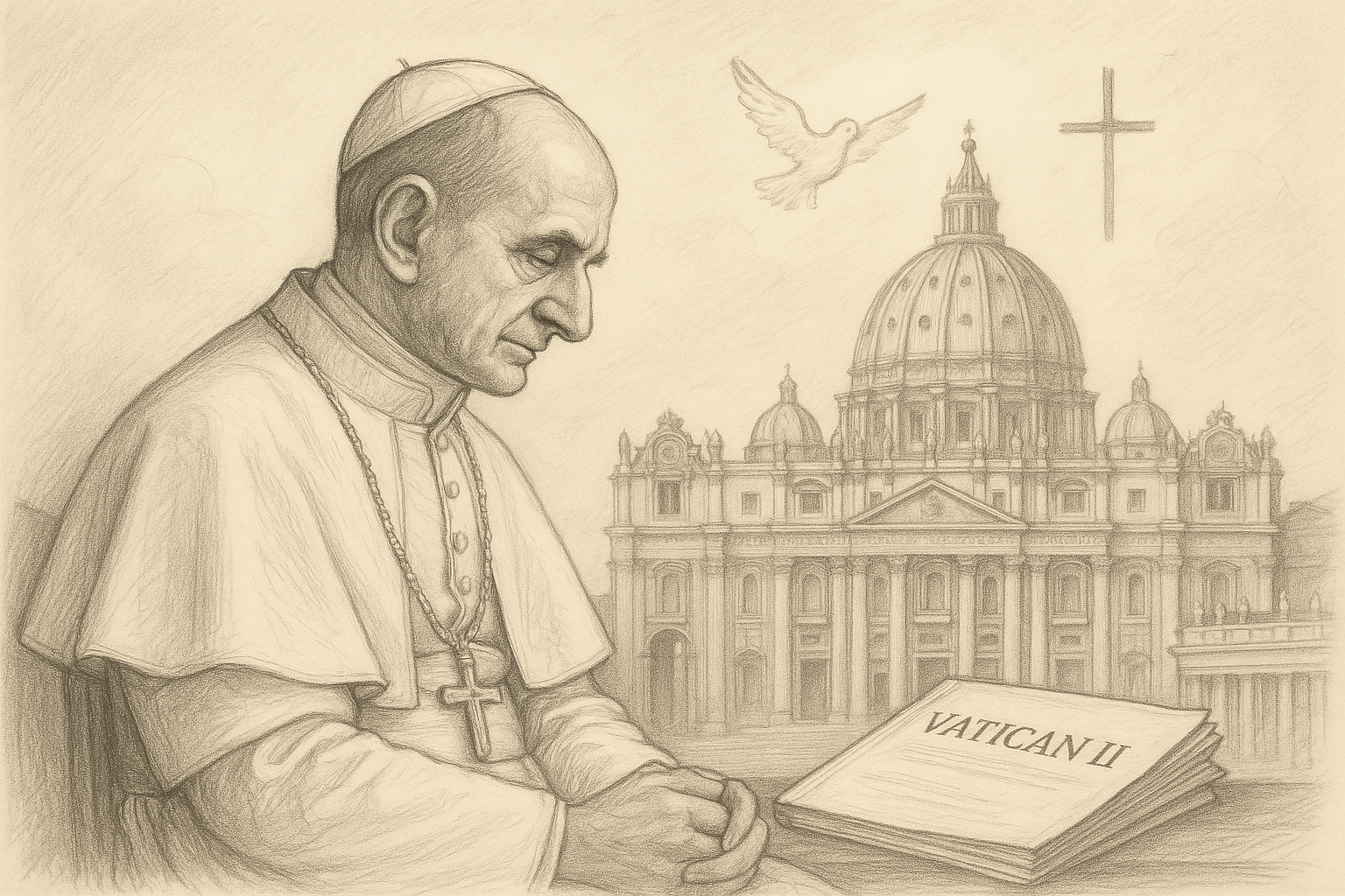 Sketch-style illustration of Pope St. Paul VI with Vatican and council imagery in a reverent Catholic setting