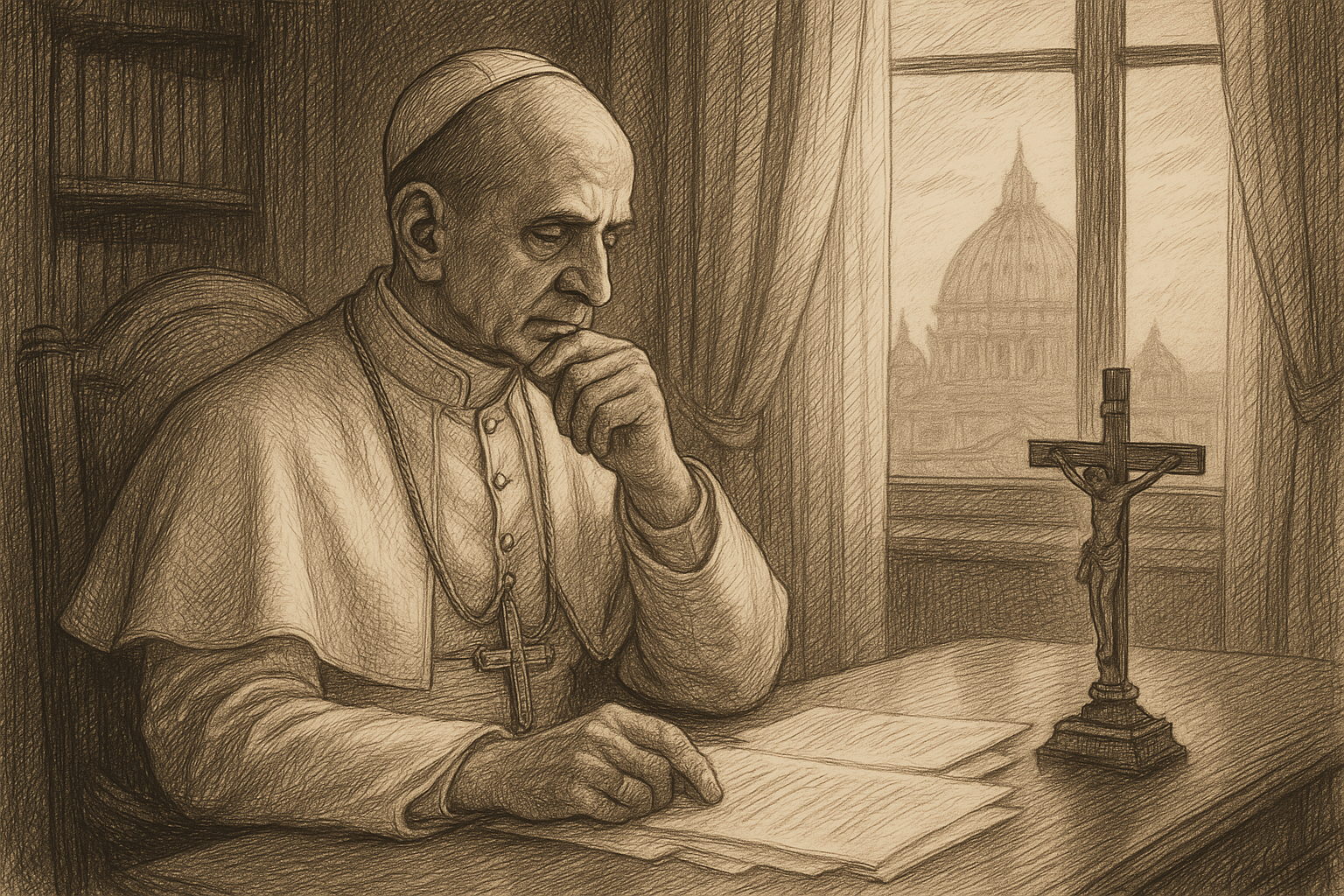 Sketch style portrait of Pope St. Paul VI in a Vatican study with soft sacred light