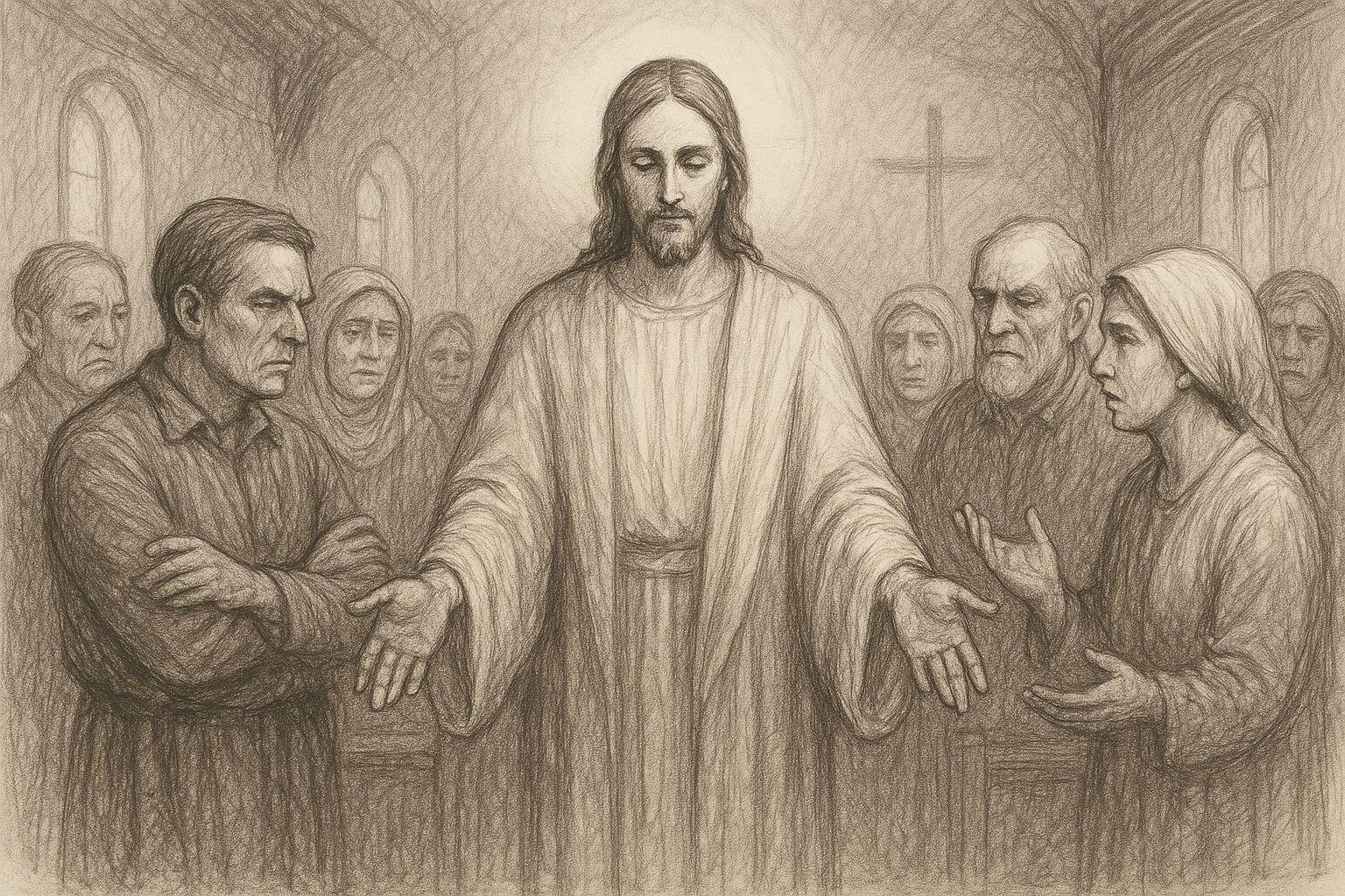 Sketch-style illustration of Christ bringing reconciliation among divided people in a parish setting
