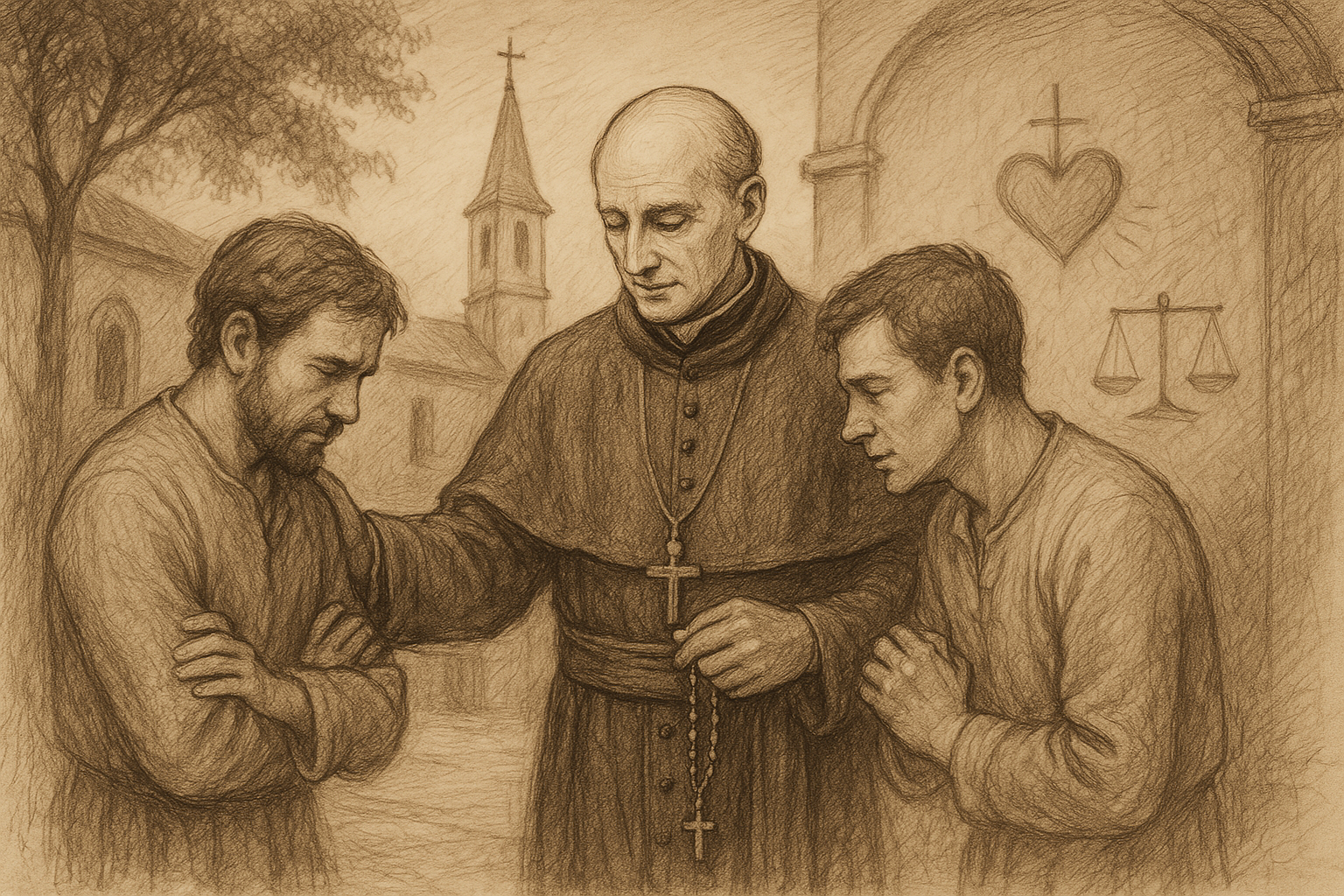 Sketch-style image of a Catholic peacemaker gently reconciling two people outside a church