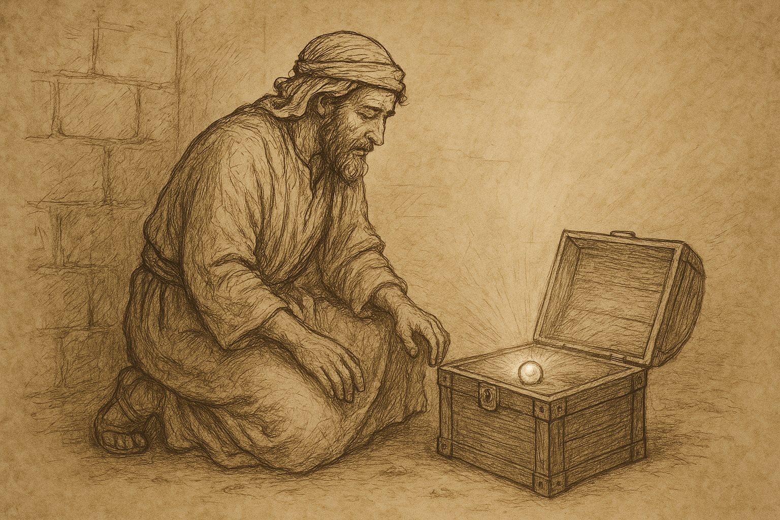 Sketch-style image of a merchant discovering a radiant pearl, symbolizing the Kingdom of God