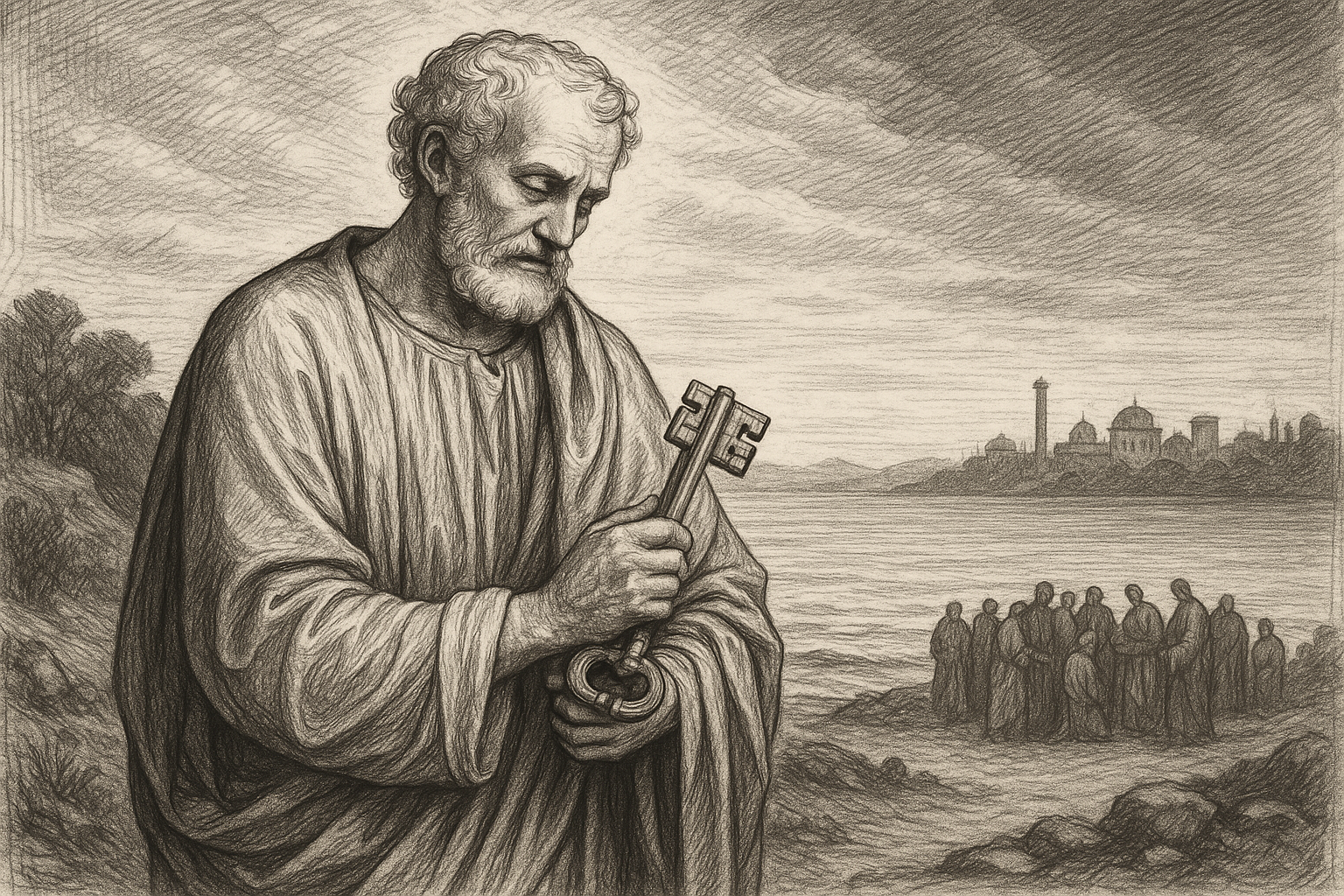 Sketch-style sacred illustration of St. Peter holding the keys in a reverent biblical setting