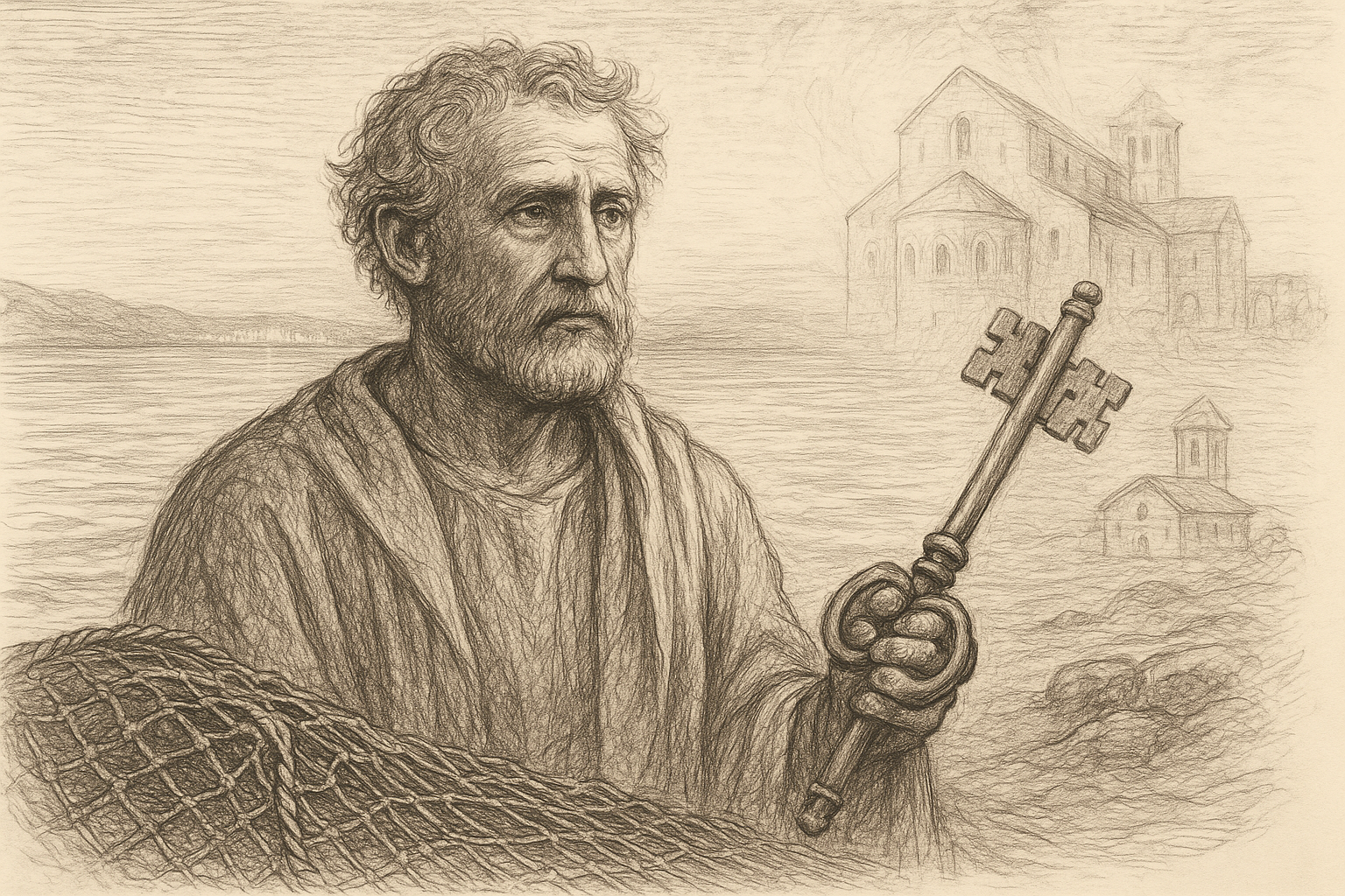 Reverent sketch of St. Peter as fisherman, apostle, and first shepherd of the Church