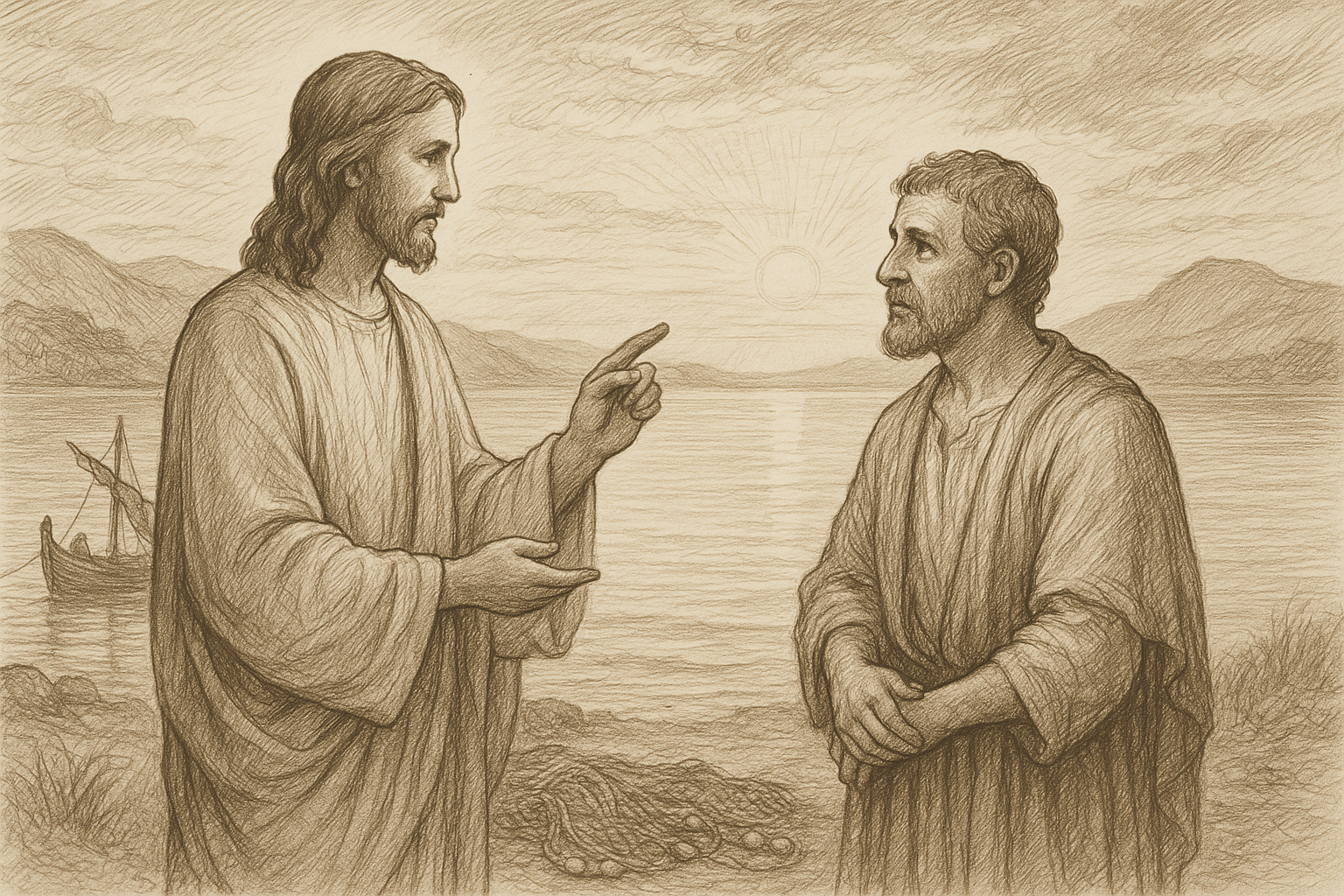 Jesus calling St. Peter beside the Sea of Galilee in a reverent sketch-style scene