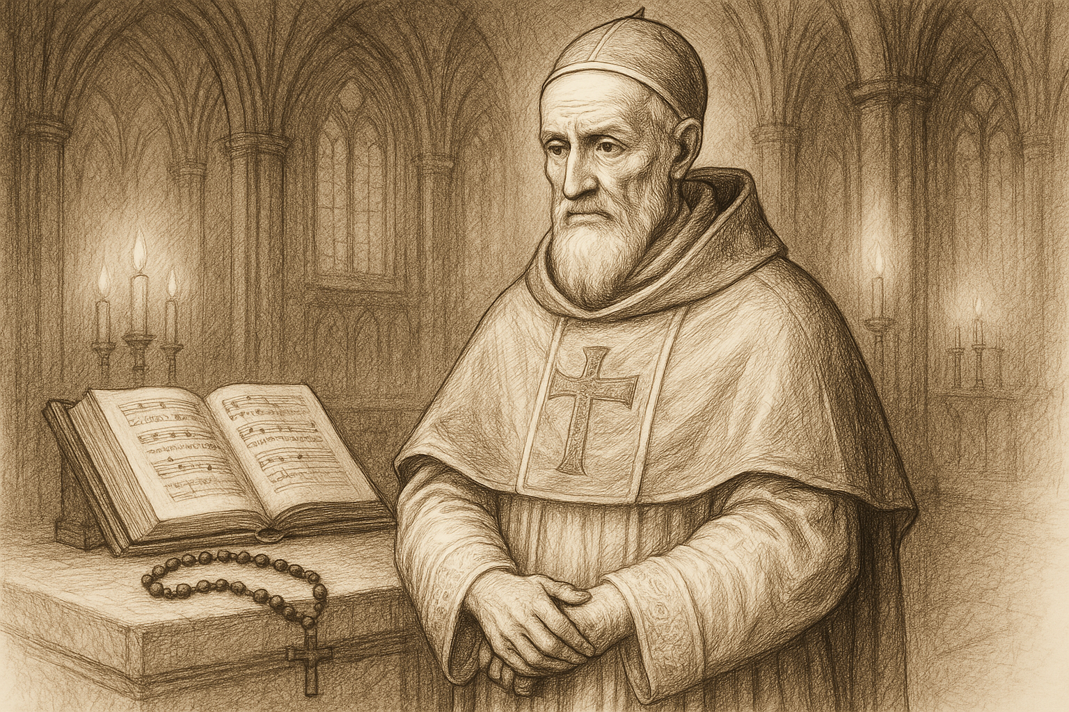 Sketch-style portrait of Pope St. Pius V in a candlelit cathedral with a missal and rosary