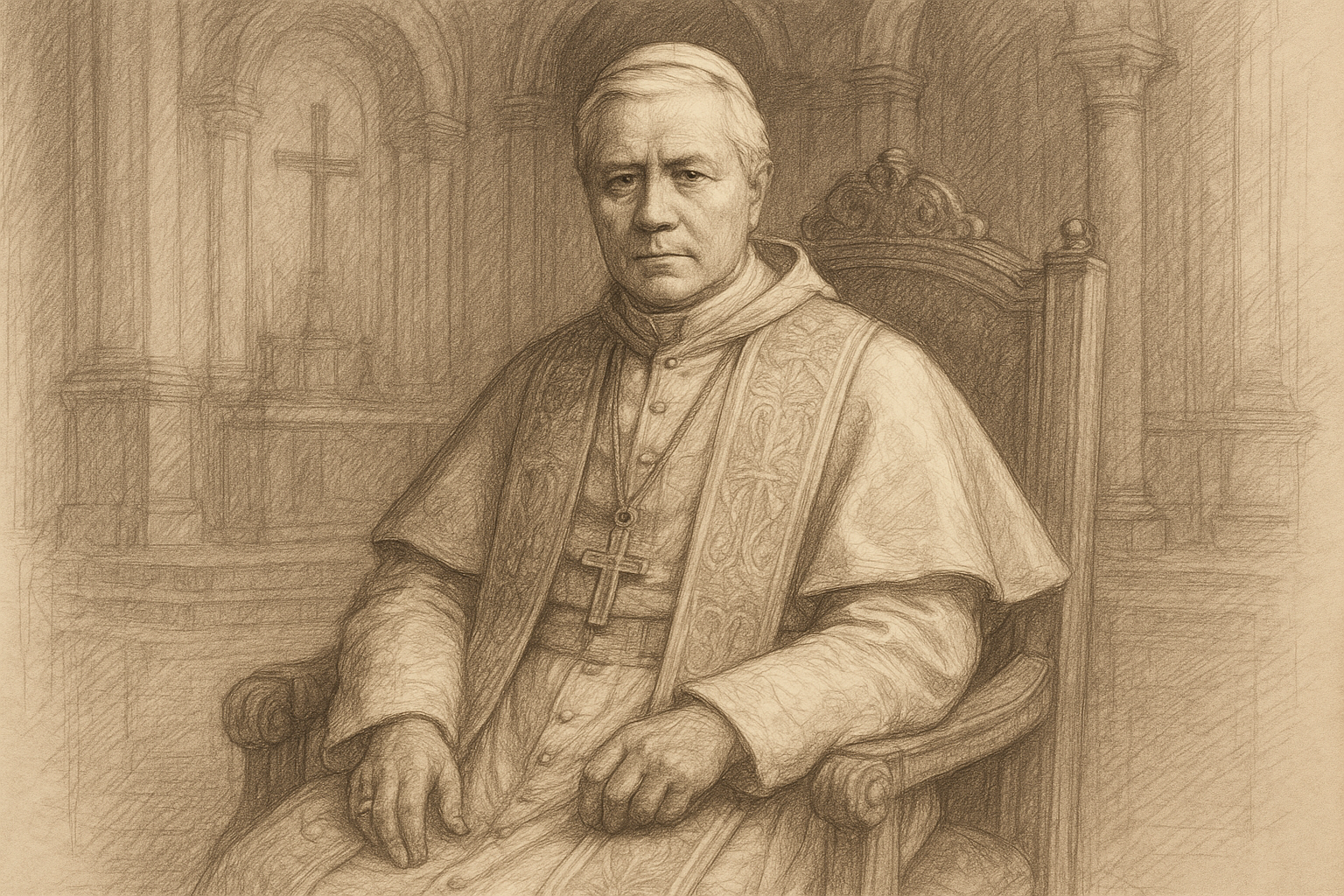 Sketch-style portrait of Pope St. Pius X in papal vestments inside a sacred church setting