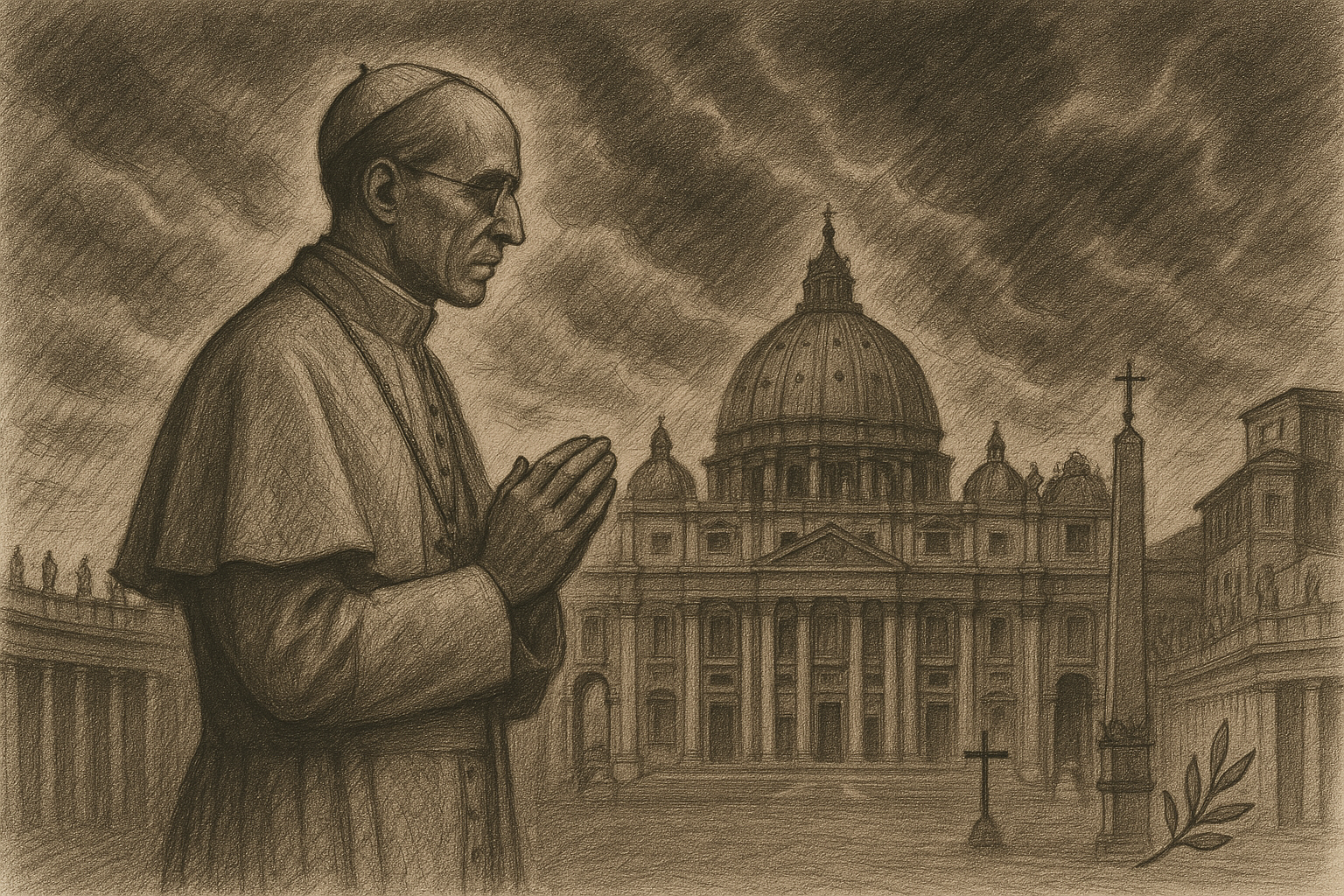 Sketch-style image of Pope Pius XII standing before St. Peter's Basilica during a wartime sky