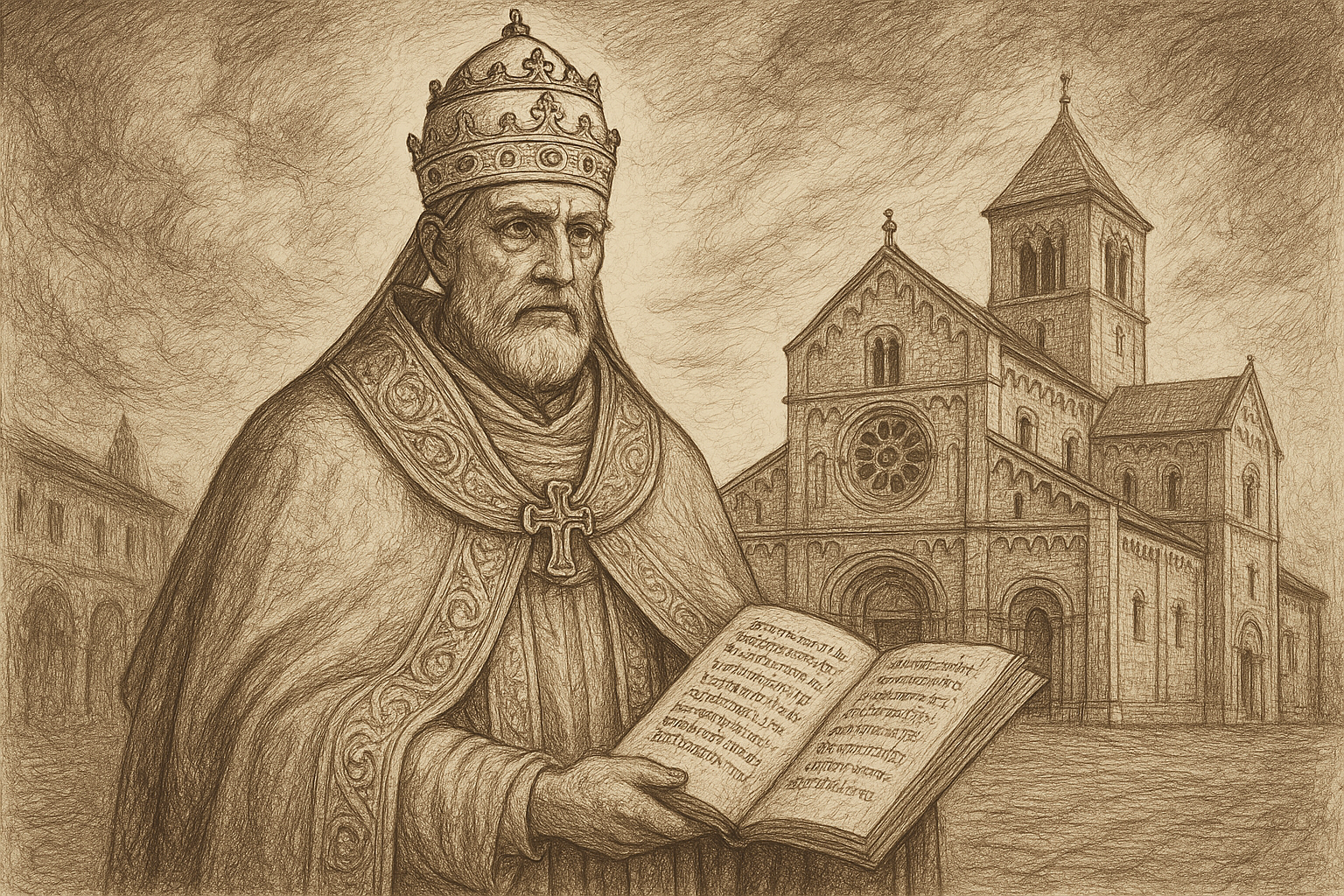 Sketch-style image of Pope Gregory VII in medieval papal vestments, representing Church reform and the investiture controversy