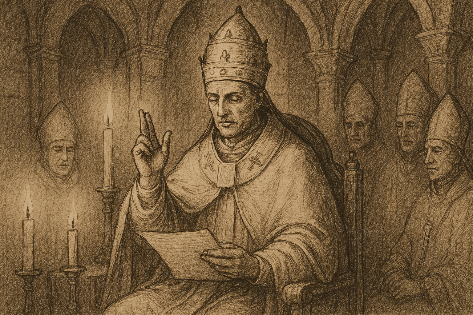 Sketch-style image of Pope Innocent III in a medieval papal chamber surrounded by bishops and candles