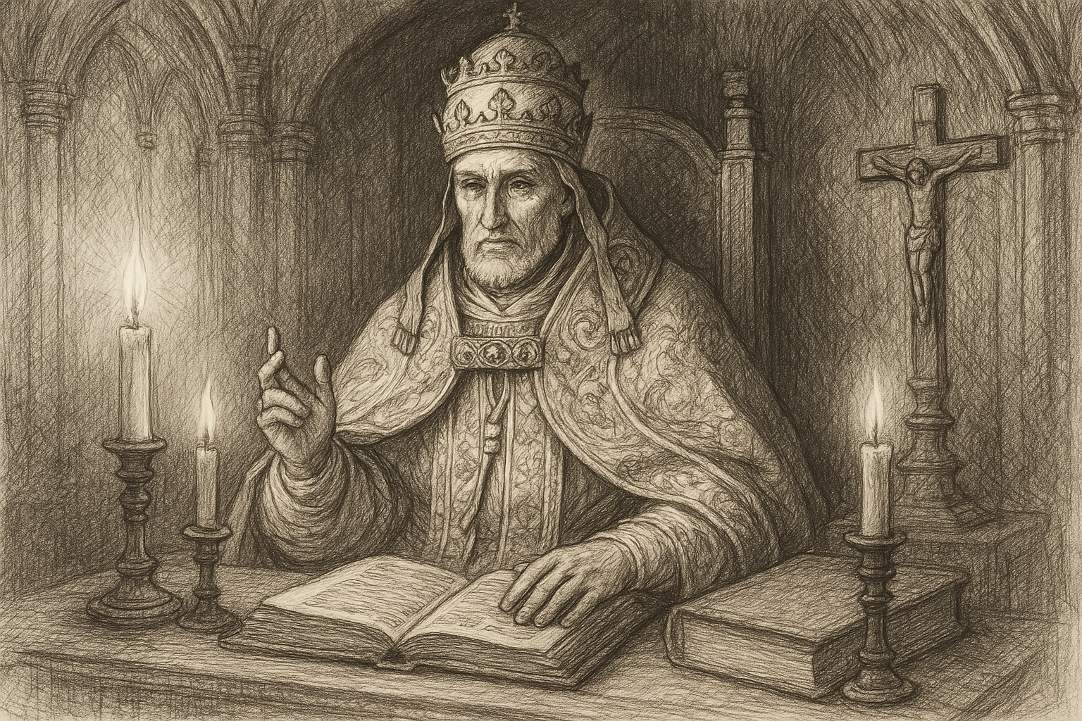 Sketch-style illustration of Pope Innocent III in a medieval papal chamber