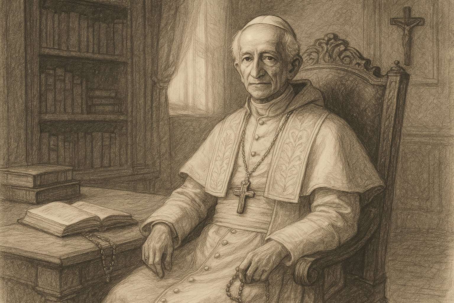 Sketch-style portrait of Pope Leo XIII in a Vatican study with books and a Rosary