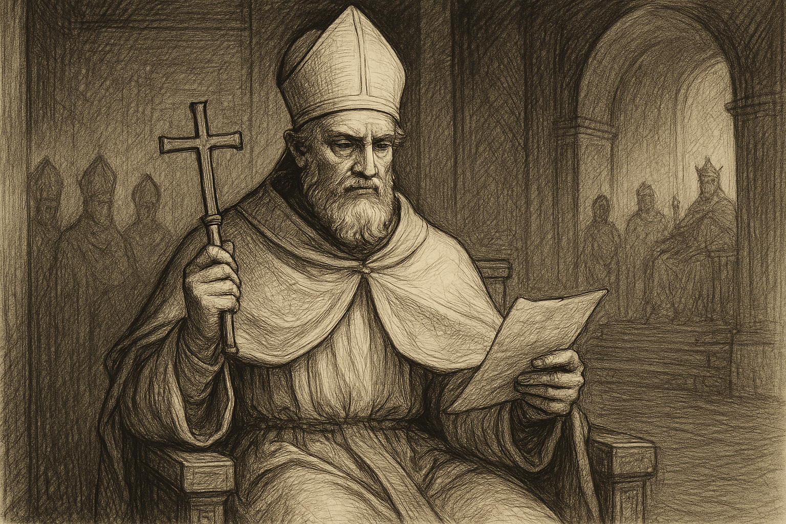 Sketch-style depiction of Pope Nicholas I in a medieval papal setting