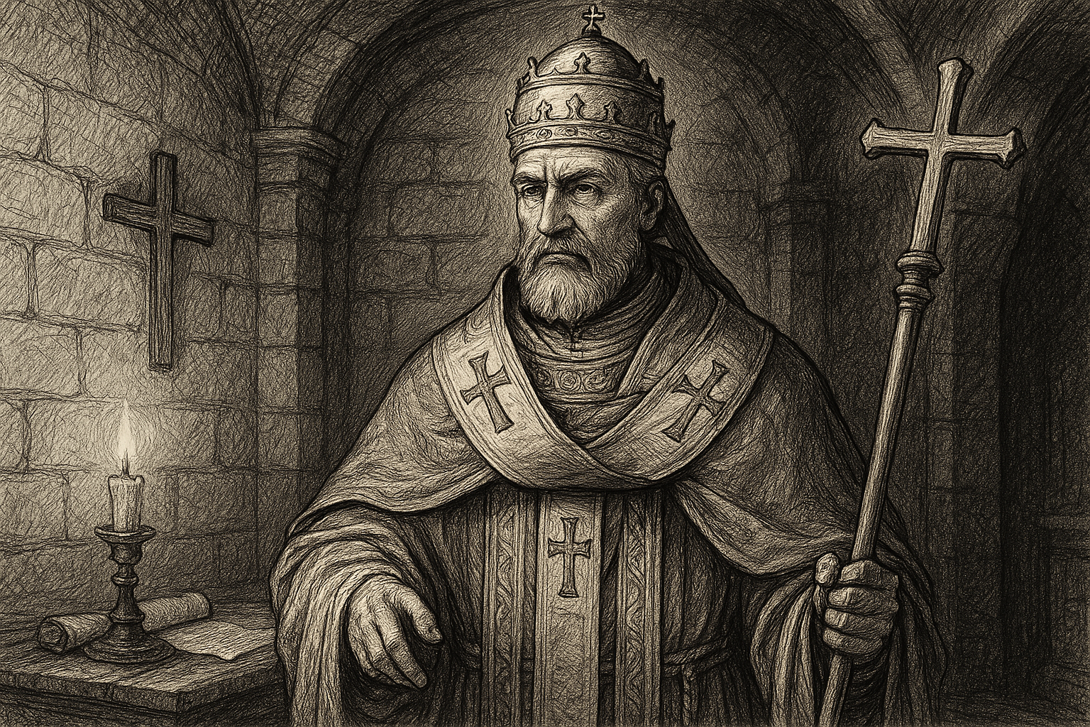 Sketch-style image of Pope Nicholas I in medieval papal vestments with parchment and candlelight