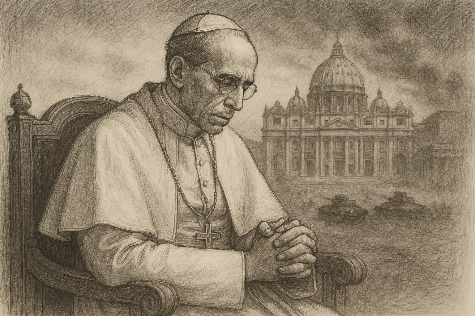 Sketch-style portrait of Pope Pius XII in a solemn Vatican setting