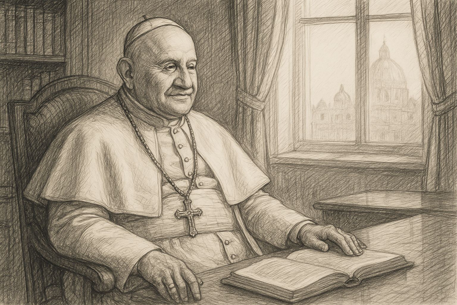Sketch-style portrait of Pope St. John XXIII in a reverent papal setting