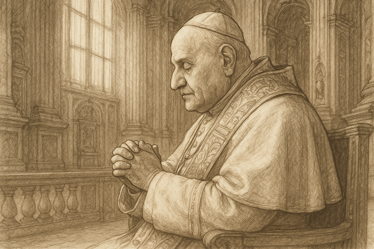 Sketch-style portrait of Pope St. John XXIII in a prayerful pose inside St. Peter's Basilica