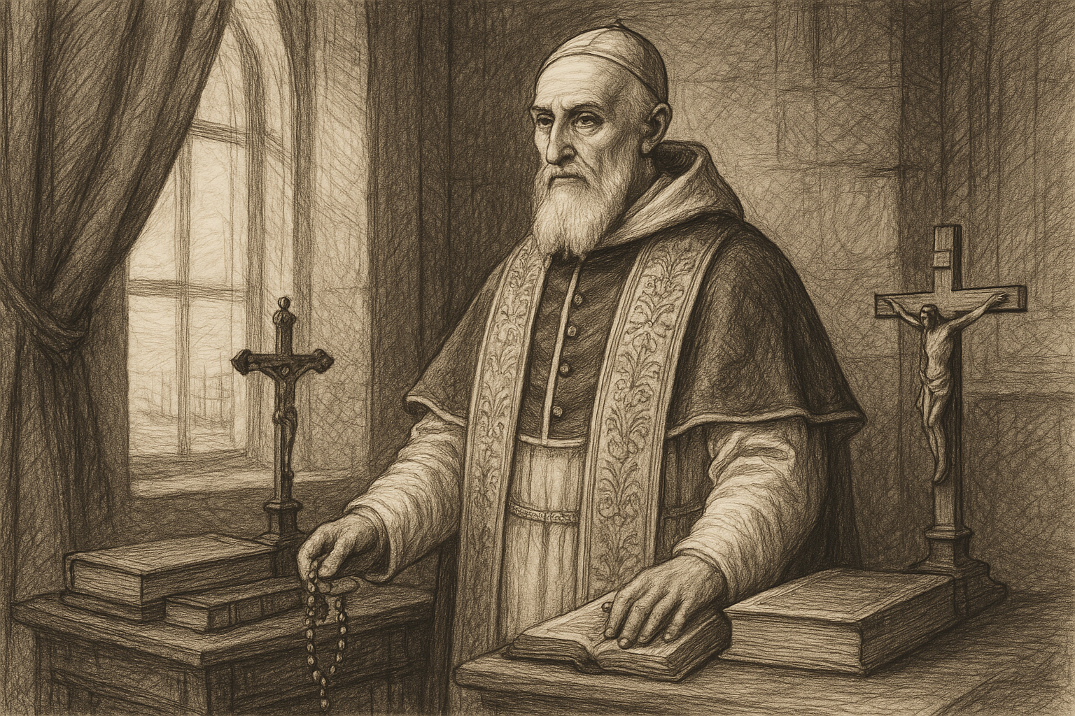 Sketch-style image of Pope St. Pius V in prayerful papal and Dominican imagery