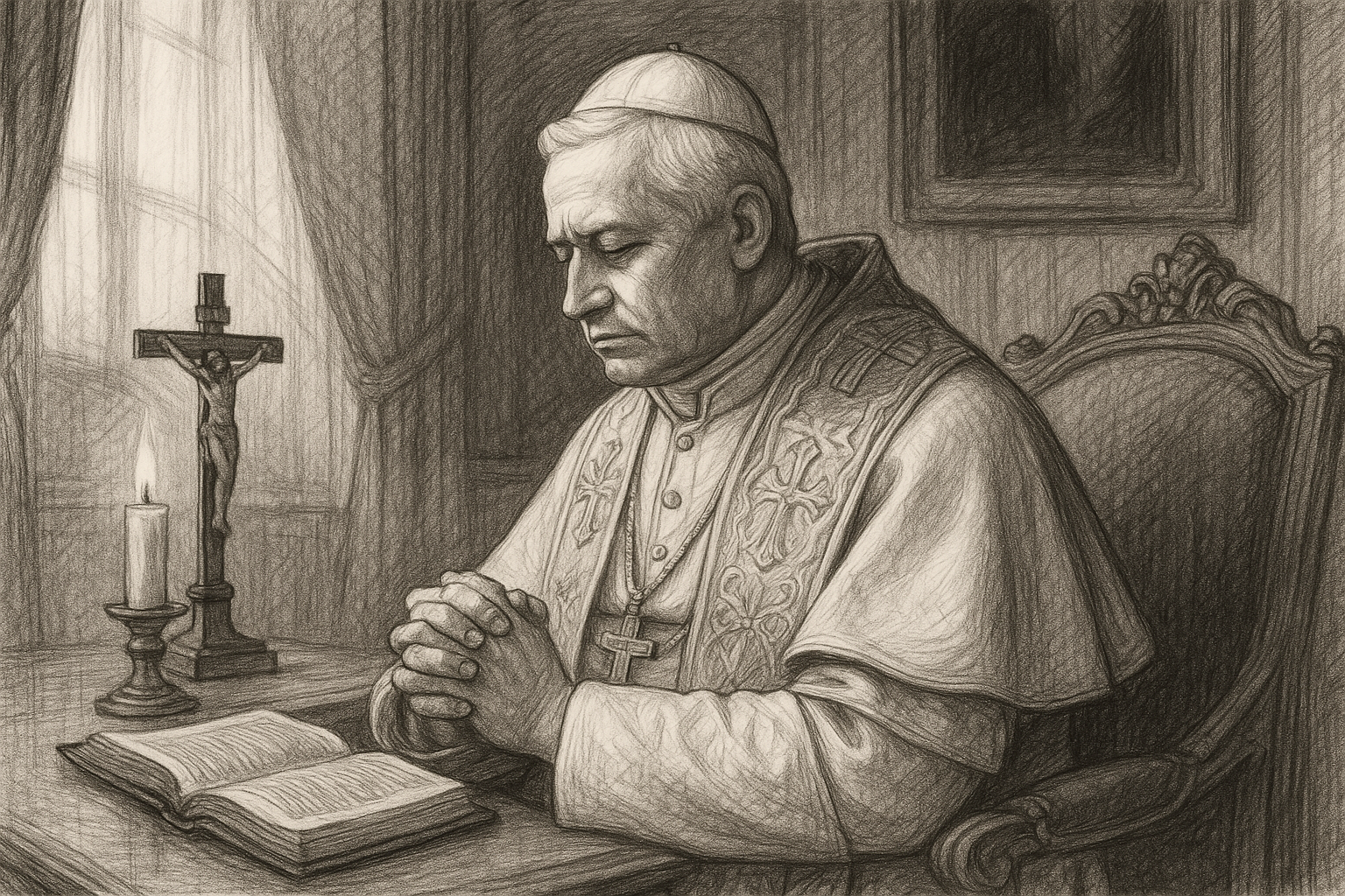 Sketch-style image of Pope St. Pius X in prayerful contemplation in a Vatican study