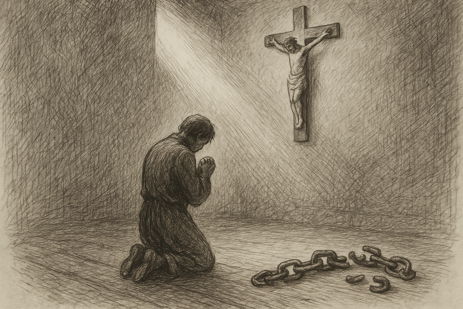 Sketch-style image of a person kneeling in prayer before a crucifix with symbolic broken chains and a beam of light