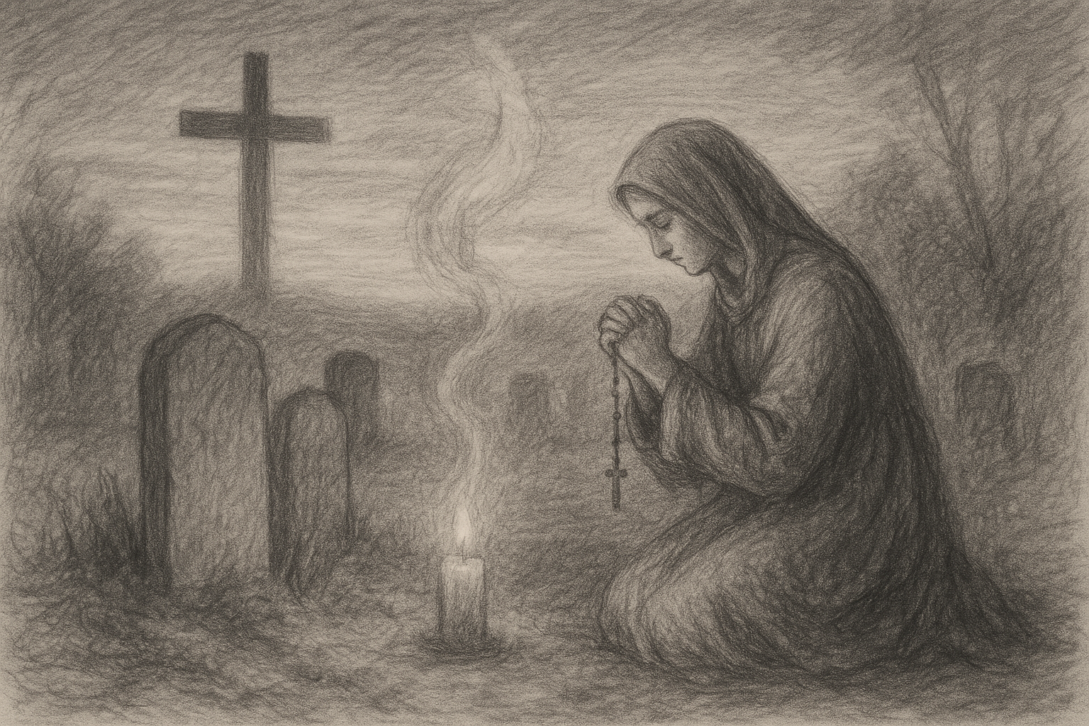 A Catholic kneeling in prayer at a candlelit grave site with a rosary, in a reverent sketch-style scene