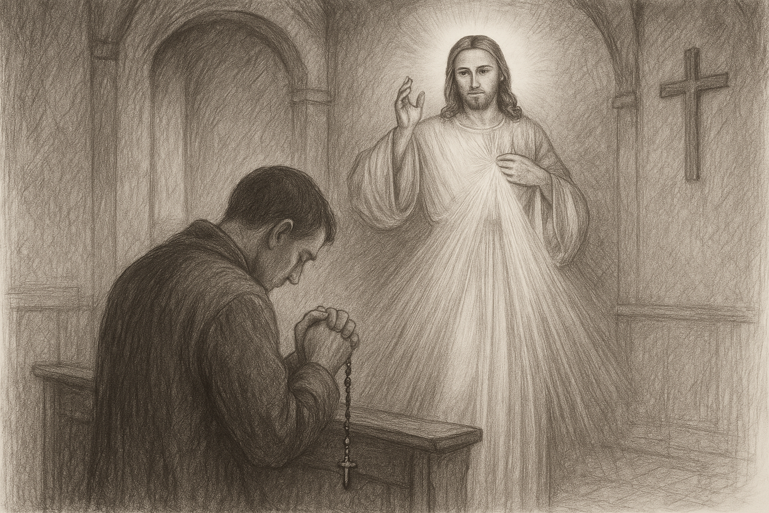 A Catholic praying the Divine Mercy Chaplet in a quiet chapel before an image of Christ of Divine Mercy