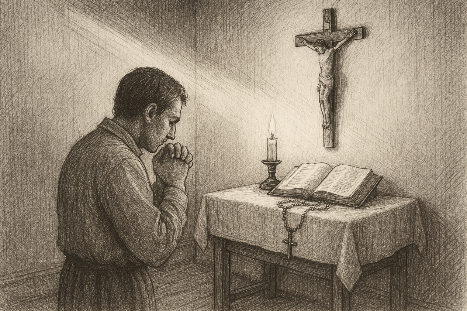 A Catholic kneeling in prayer before a home altar with a crucifix, candle, Bible, and rosary