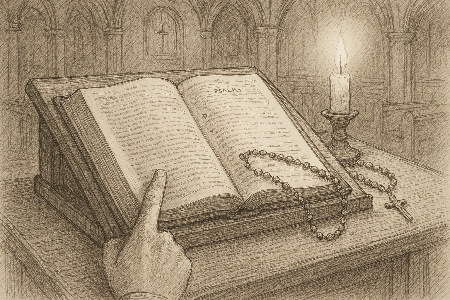 A Catholic prayer desk with an open Bible to the Psalms, a rosary, and candlelight in a quiet chapel setting
