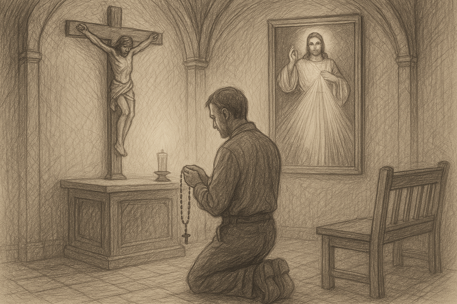 A Catholic praying the Divine Mercy Chaplet in a quiet chapel before the crucifix