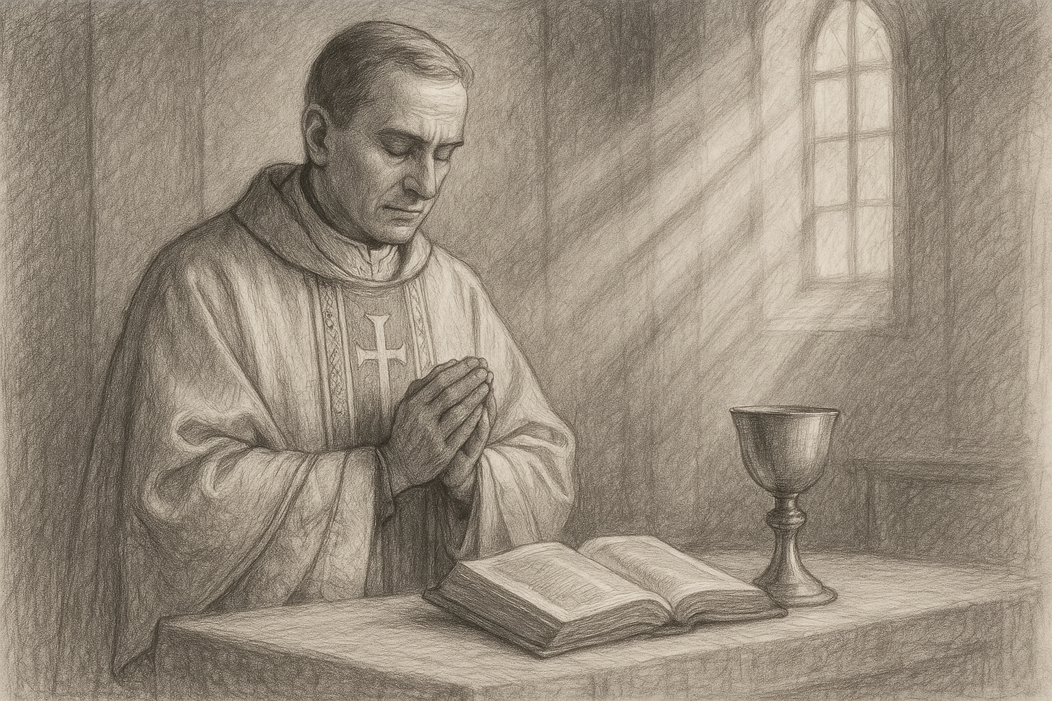 Sketch-style illustration of a Catholic priest in vestments near an altar with an open Bible and chalice