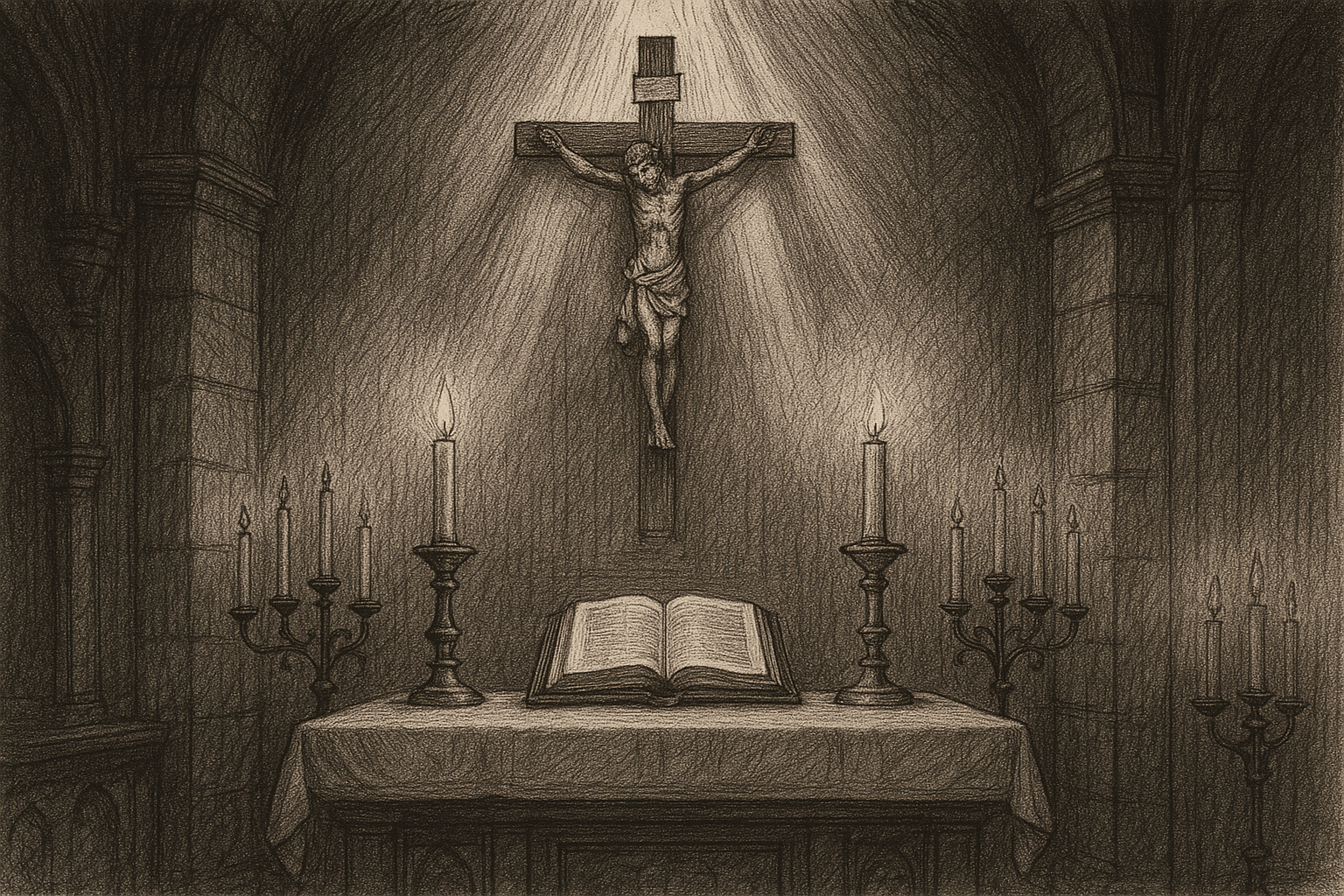 Sketch of a candlelit Catholic chapel with a crucifix and light rising heavenward