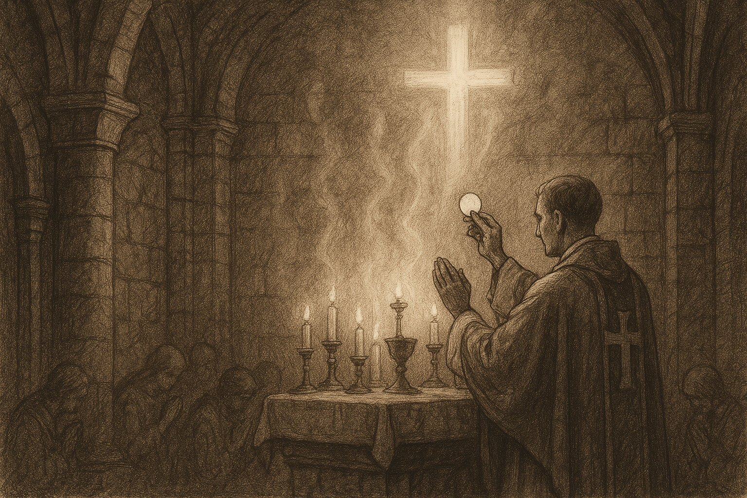 Sketch-style sacred scene of a priest offering Mass for the dead in a candlelit chapel, symbolizing Catholic hope in Purgatory