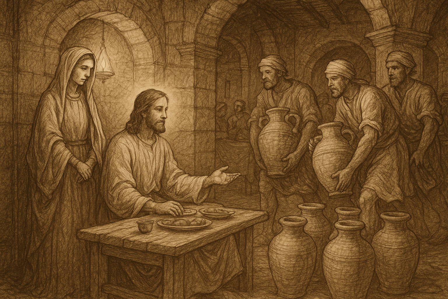 A reverent sketch-style depiction of Jesus, Mary, and the servants at the Wedding at Cana